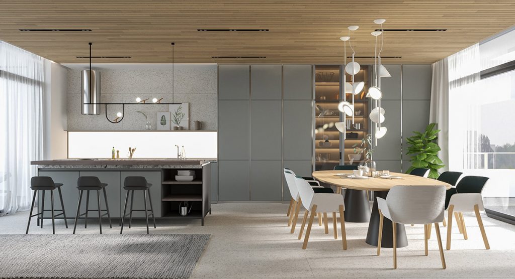 modern-grey-kitchen-and-dining-area-1024x556 Phong cách nội thất hiện đại trong thiết kế nhà ở hiện nay